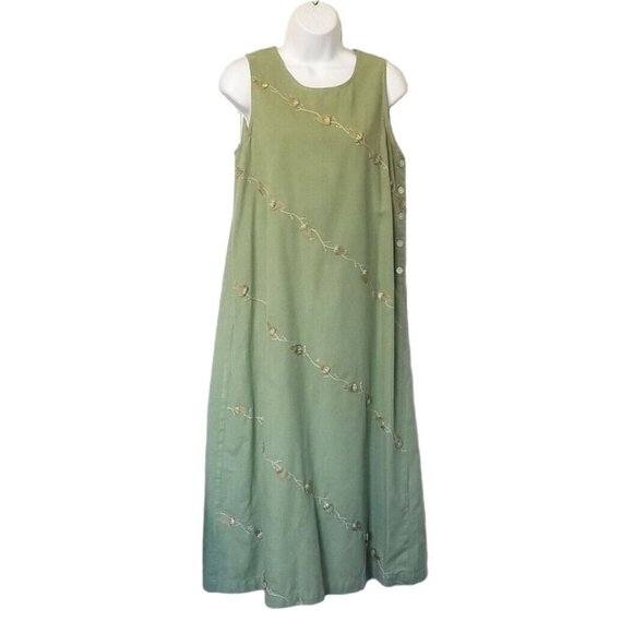 Vintage 90s Dress PS Midi Cotton Green Applique Leaves Sleeveless Jumper Pinafor - Picture 3 of 13